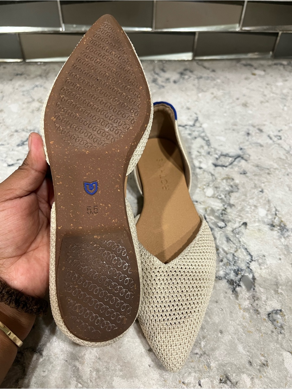 Rothy's Beige Pointed D'Orsay Flats with Blue Heel Trim - Picture 6 of 8
